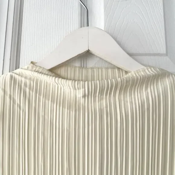 Anine Bing Kira Buttercream Padded Shoulder Accordion Pleated Shift Dress Small